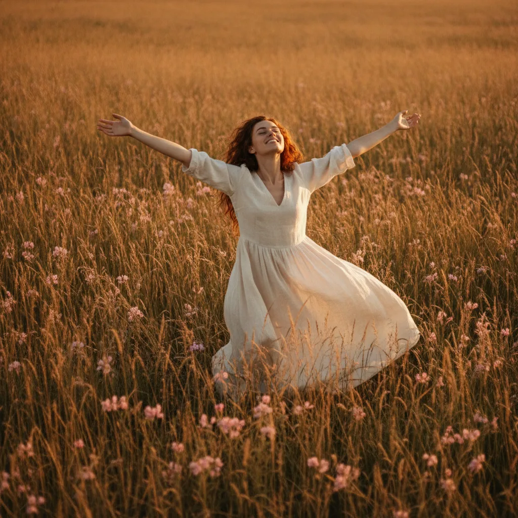 Woman outdoors, arms open, joyful and free